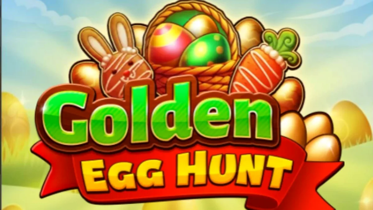 Pemandangan padang rumput cerah dalam slot Golden Egg Hunt yang penuh dengan simbol telur emas dan elemen musim semi.