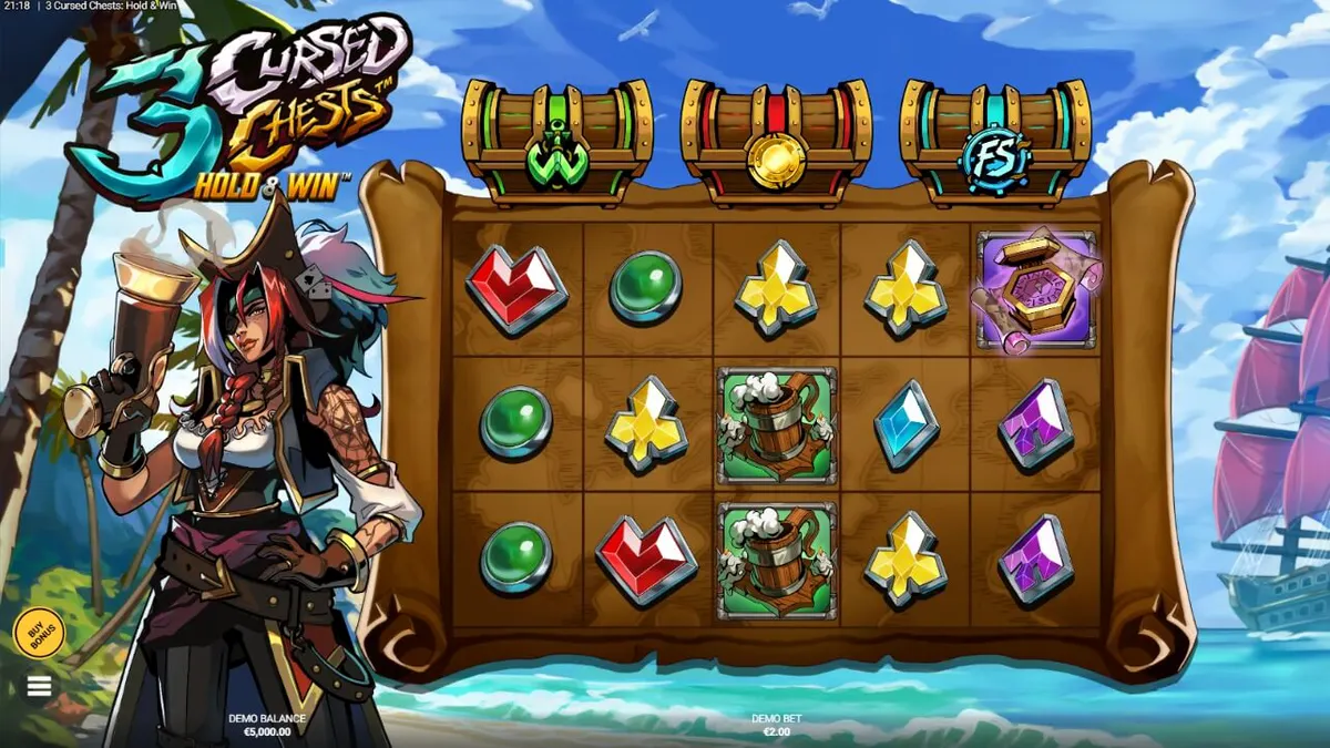 Tampilan visual slot 3 Cursed Chests: Hold & Win dengan tema bajak laut yang gelap